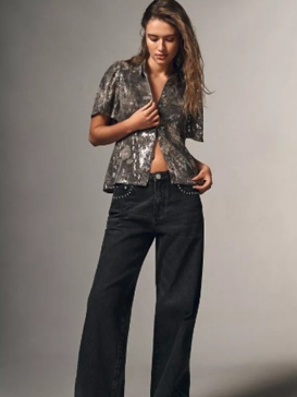 Pilcro Short Sleeve Buttondown Sequin Top NWT - Picture 2 of 8